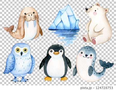 Set with cute characters, polar animals. Watercolor illustration for children. 124728753