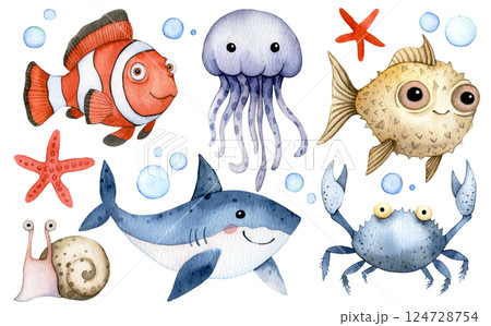 Watercolor Illustration of Cute Sea Creatures. jellyfish, crab, shark, fish 124728754