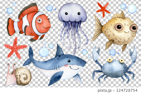 Watercolor Illustration of Cute Sea Creatures. jellyfish, crab, shark, fish 124728754