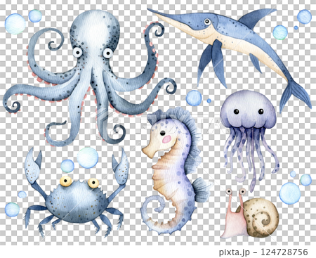 Adorable Underwater Watercolor Illustration of Sea Creatures Adorable Underwater Watercolor Illustration of Sea Creatures 124728756