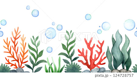 Underwater watercolor illustration, seamless border of seaweed and bubbles Underwater watercolor illustration, seamless border of seaweed and bubbles 124728757
