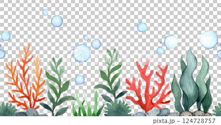 Underwater watercolor illustration, seamless border of seaweed and bubbles Underwater watercolor illustration, seamless border of seaweed and bubbles 124728757