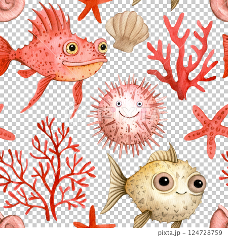 Cute Underwater World Watercolor seamless pattern Fish and Marine Life print for children 124728759