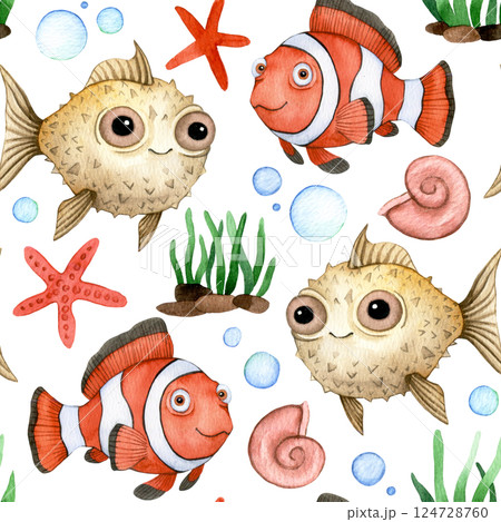Cute Underwater World Watercolor seamless pattern Fish and Marine Life print for children 124728760