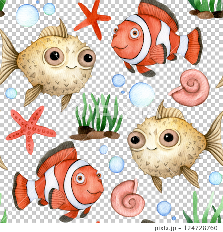 Cute Underwater World Watercolor seamless pattern Fish and Marine Life print for children 124728760