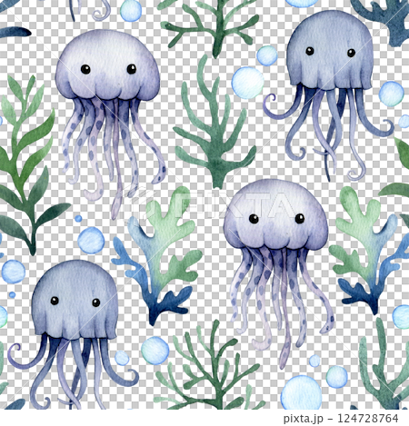 Cute Underwater World Watercolor seamless pattern jellyfish and Marine Life print for children 124728764