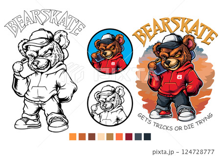 Hipster grizzly bear wearing sweater carrying skateboard 124728777