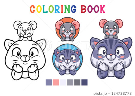 Cartoon cat and mouse in coloring book style 124728778