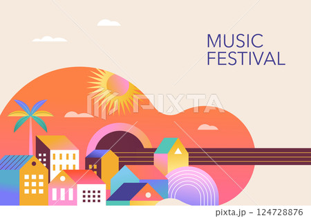 Colorful geometric summer music festival template, poster, banner. Summer time fun concept design 124728876