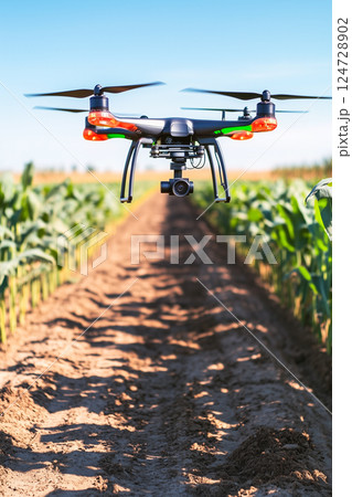 A drone is flying over a field of corn A drone is flying over a field of corn 124728902