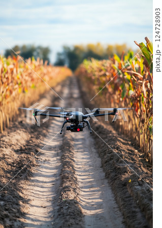 A black drone is flying over a field of corn 124728903