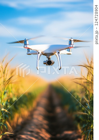 A white drone is flying over a field of corn 124728904