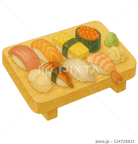 水彩風の寿司盛り合わせのイラスト（和食・海鮮・にぎり寿司） 124728932