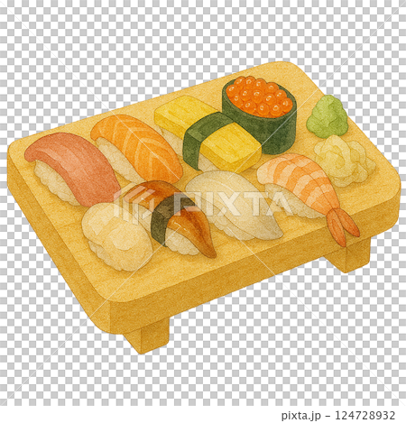各種壽司（日本料理、海鮮、握壽司）的水彩風格插圖 124728932