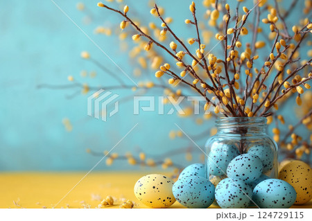 Easter concept, willow branches glass vase, Easter colorful eggs on plain background copy space for text, bright, minimalist, yellow blue pastel colors, Holidays, spring concept. Greeting card banner 124729115