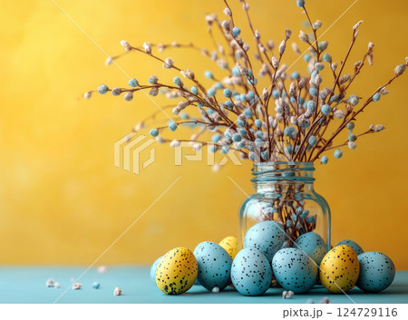 Easter concept, willow branches glass vase, Easter colorful eggs on plain background copy space for text, bright, minimalist, yellow blue pastel colors, Holidays, spring concept. Greeting card banner 124729116