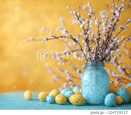 Easter concept, willow branches glass vase, Easter colorful eggs on plain background copy space for text, bright, minimalist, yellow blue pastel colors, Holidays, spring concept. Greeting card banner 124729117