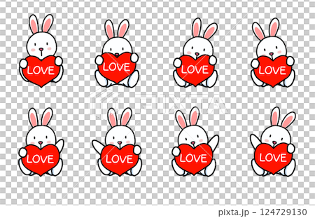 A set of eight hand-drawn illustrations of a cute little rabbit holding up a red heart symbol with the word Love written on it in both hands A set of eight hand-drawn illustrations of a cute little rabbit holding up a red heart symbol with the word Love written on it in both hands 124729130
