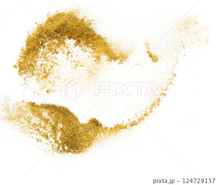 Gold metallic glitter sparkle explosion in air. Golden Glitter sand spark blink celebrate Chinese new year, fly throw gold glitters particle. White background isolated, selective focus Blur bokeh 124729137