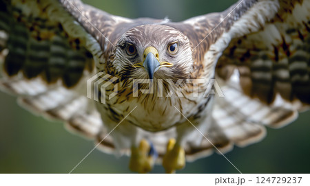 Majestic hawk in mid-flight showcasing powerful wings and keen gaze against a blurred natural background 124729237