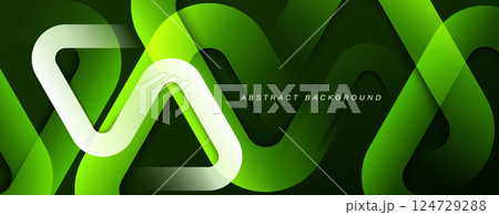 Green abstract background. Vibrant geometric shapes design. Glowing shiny futuristic shapes. Suit for banner, poster, brochure, flyer, cover, website, business, presentation. Vector illustration 124729288