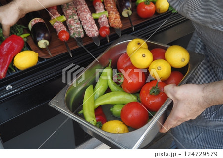 Delicious Fresh Vegetables and Colorful Skewers Are Perfectly Prepared for Grilling Delicious Fresh Vegetables and Colorful Skewers Are Perfectly Prepared for Grilling 124729579