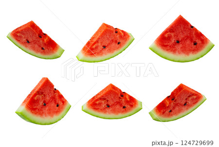 Watermelon is cut into six pieces isolated on white background Watermelon is cut into six pieces isolated on white background 124729699