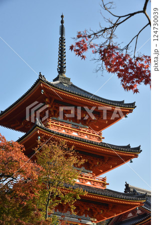 秋の清水寺 三重塔とモミジ(京都市東山区) 秋の清水寺 三重塔とモミジ(京都市東山区) 124730039