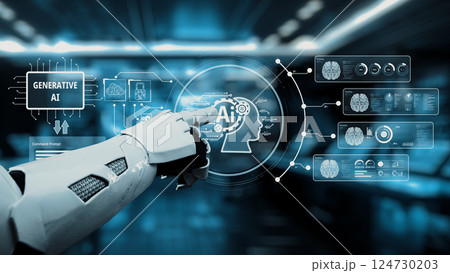 Futuristic robotic hand interacting with digital interface showcasing generative AI technology and brain data visualizations in modern tech environment. Auvana 124730203
