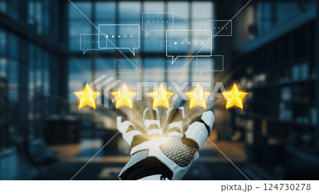 Futuristic robotic hand displaying digital five-star ratings and feedback in a modern office environment with blurred background and communication icons. Auvana 124730278