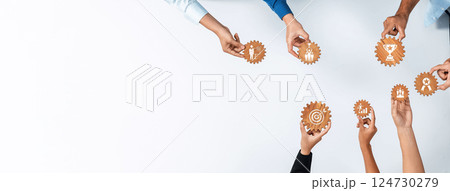Diverse Hands Grasping Gears with Icons Representing Growth, Achievement, and Innovation Over White Background. Amity 124730279
