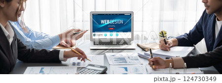 Analyst team working on data analysis dashboard on laptop screen. Insight 124730349