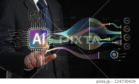 Professional business person showcasing AI technology and data analytics trends with digital graphics, representing the future of marketing and personal assistants. XDMCP 124730429