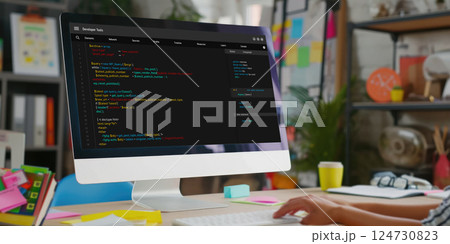 Software development programming on computer screen for brisk application 124730823