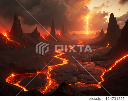 火山と溶岩の地球外惑星のイメージ AI生成画像 火山と溶岩の地球外惑星のイメージ AI生成画像 124731225