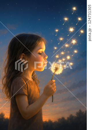 Magical moment of child blowing glowing dandelion under twilight sky 124731305