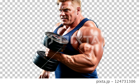 Muscular man doing dumbbell curls at the gym 124731386