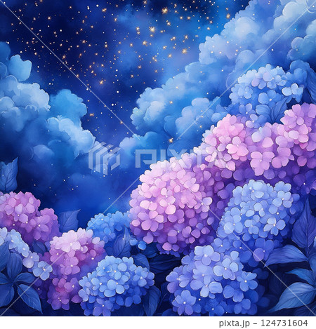 雨の日とカラフルな紫陽花の花 124731604