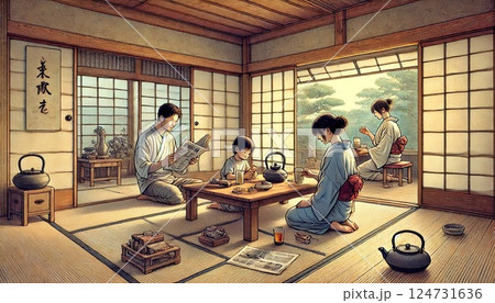 旅館でくつろぐ家族 124731636