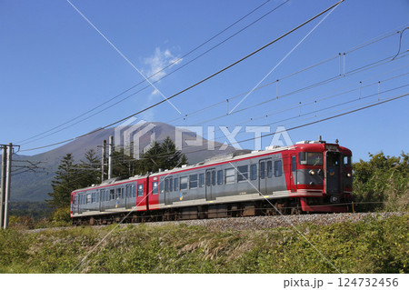 浅間山バックを行くしなの鉄道115系電車（標準色-2両編成） 124732456
