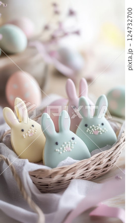 Pastel colored eggs surrounding decorated easter bunny cookies resting in woven basket, capturing seasonal celebration charm 124732700