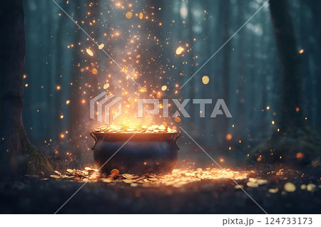 enchanted forest scene with a magical pot overflowing with golden coins & sparkling magic. enchanted forest scene with a magical pot overflowing with golden coins & sparkling magic. 124733173