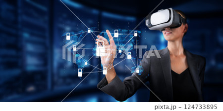 Businesswoman Utilizing Virtual Reality for Enhanced Cyber Security Solutions in a Global Context XDMCP Businesswoman Utilizing Virtual Reality for Enhanced Cyber Security Solutions in a Global Context XDMCP 124733895