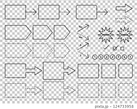 フローチャートに使えるフレームと矢印などの素材セット(黒線塗りなし) 124733958