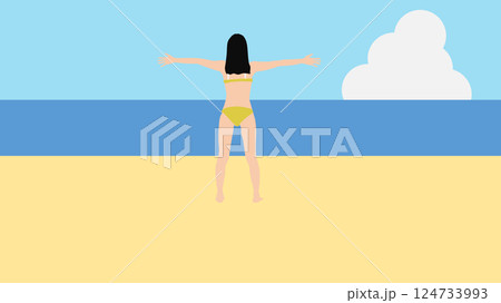浜辺で夏休みを満喫する女性のイラスト(海水浴) 浜辺で夏休みを満喫する女性のイラスト(海水浴) 124733993