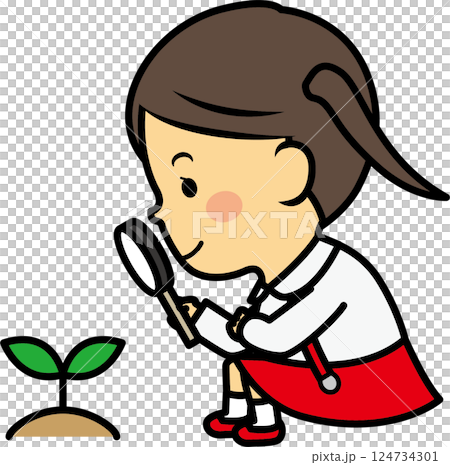 新芽を観察する小学生女児 新芽を観察する小学生女児 124734301