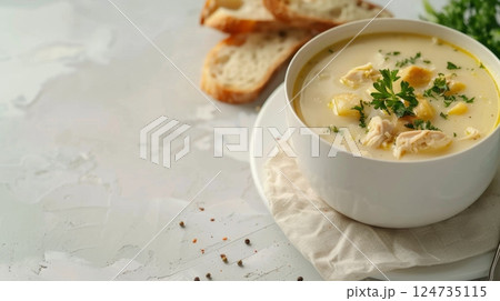 Chicken soup cream and bread loaf with vegetable healthy breakfast meal bowl 124735115