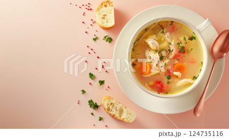 Chicken soup cream and bread loaf with vegetable healthy breakfast meal bowl 124735116