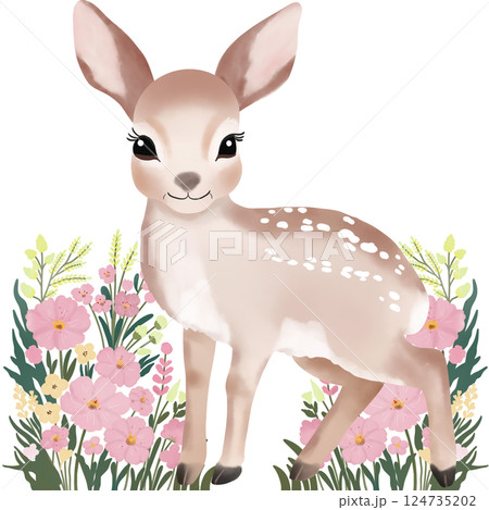 A cute watercolor illustration of a baby deer standing among blooming pink and yellow flowers. 124735202