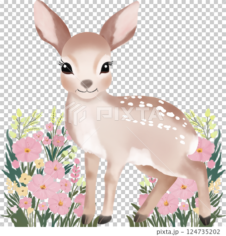 A cute watercolor illustration of a baby deer standing among blooming pink and yellow flowers. 124735202